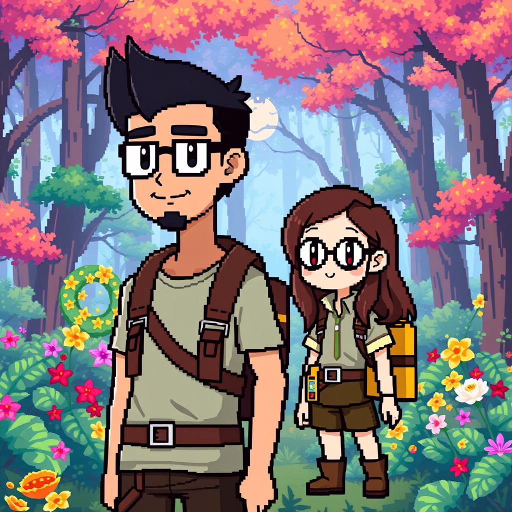 A full-body pixel art depiction of a tall male character with a short beard and mustache, short black hair, and rectangular glasses, alongside a short female character with long brown hair and round glasses