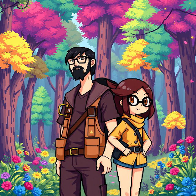 A full-body pixel art depiction of a tall male character with a short beard and mustache, short black hair, and rectangular glasses, alongside a short female character with long brown hair and round glasses