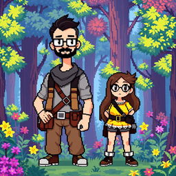 A full-body pixel art depiction of a tall male character with a short beard and mustache, short black hair, and rectangular glasses, alongside a short female character with long brown hair and round glasses