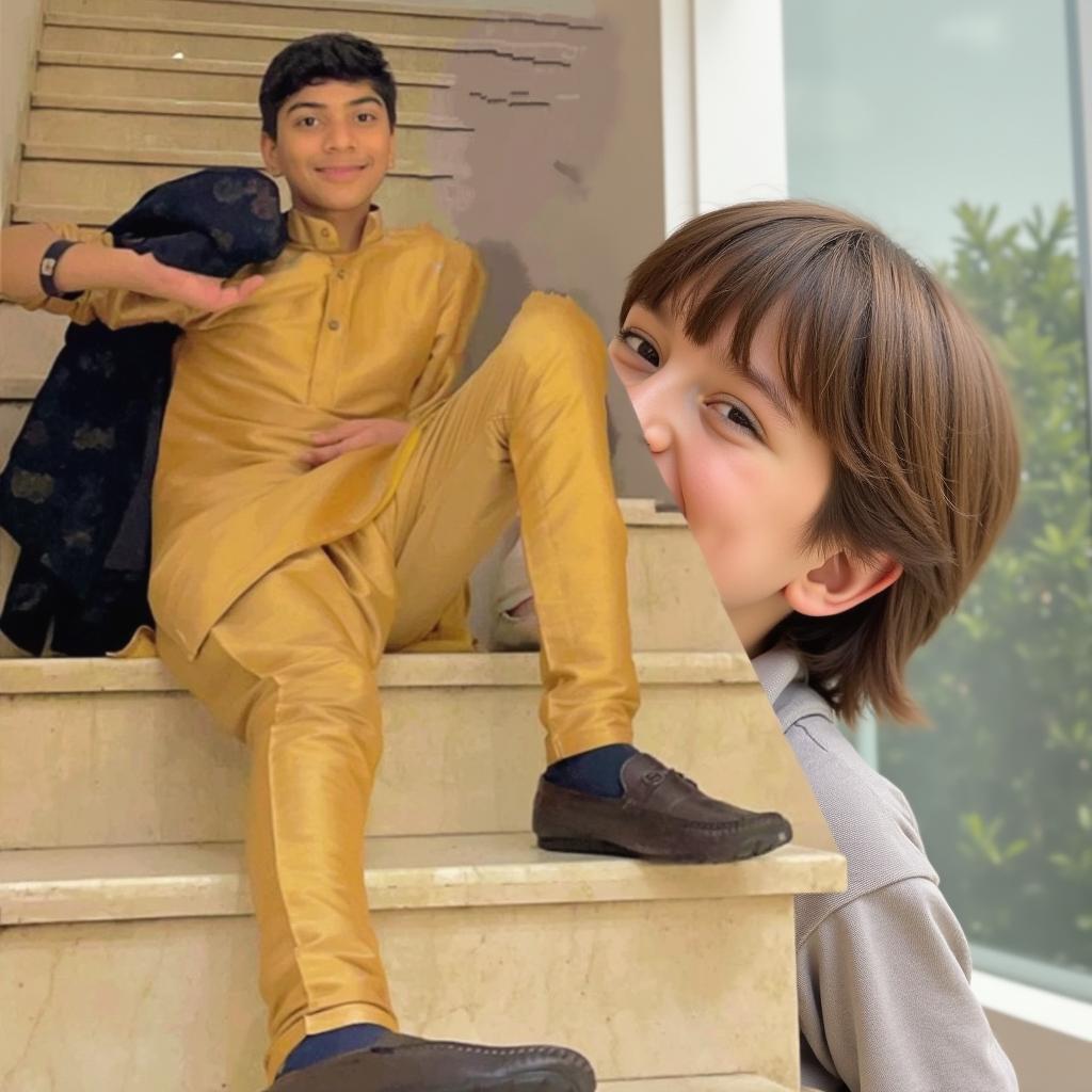 A teenage boy sitting on a staircase wearing traditional attire, beaming with joy