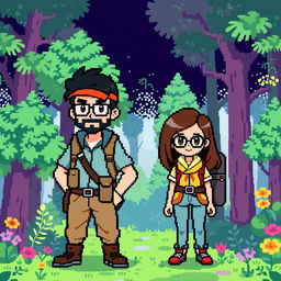 A full-body pixel art depiction in 8-bit style of a tall male character with short beard and mustache, short black hair, and rectangular glasses, alongside a short female character with long brown hair and round glasses