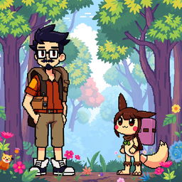 A full-body pixel art depiction in 8-bit style of a tall male character with short beard and mustache, short black hair, and rectangular glasses, alongside a short female character with long brown hair and round glasses