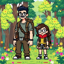 A full-body pixel art depiction in 8-bit style of a tall male character with short beard and mustache, short black hair, and rectangular glasses, alongside a short female character with long brown hair and round glasses