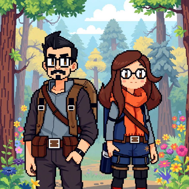 A full-body pixel art depiction in 8-bit style of a tall male character with short beard and mustache, short black hair, and rectangular glasses, alongside a short female character with long brown hair and round glasses