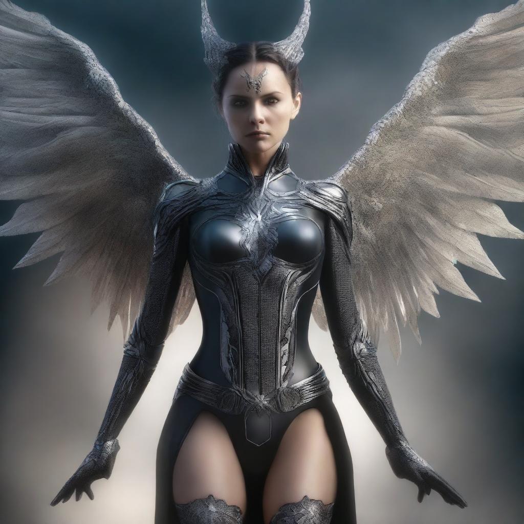 This is a high-quality digital art image, presenting the female Angel of Death reimagined as a superheroine