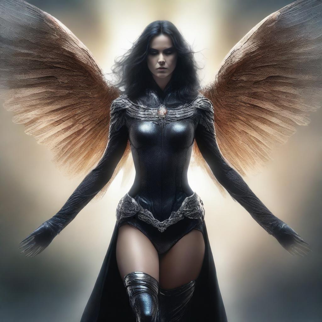 This is a high-quality digital art image, presenting the female Angel of Death reimagined as a superheroine