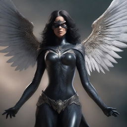 This is a high-quality digital art image, presenting the female Angel of Death reimagined as a superheroine