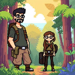 A full-body pixel art representation in 8-bit style of a tall male character with a short beard and mustache, short black hair, and rectangular glasses, along with a short female character with long brown hair and round glasses