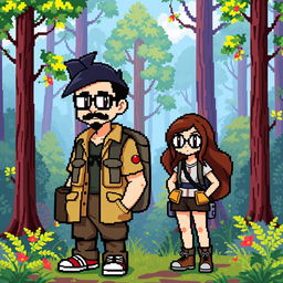 A full-body pixel art representation in 8-bit style of a tall male character with a short beard and mustache, short black hair, and rectangular glasses, along with a short female character with long brown hair and round glasses