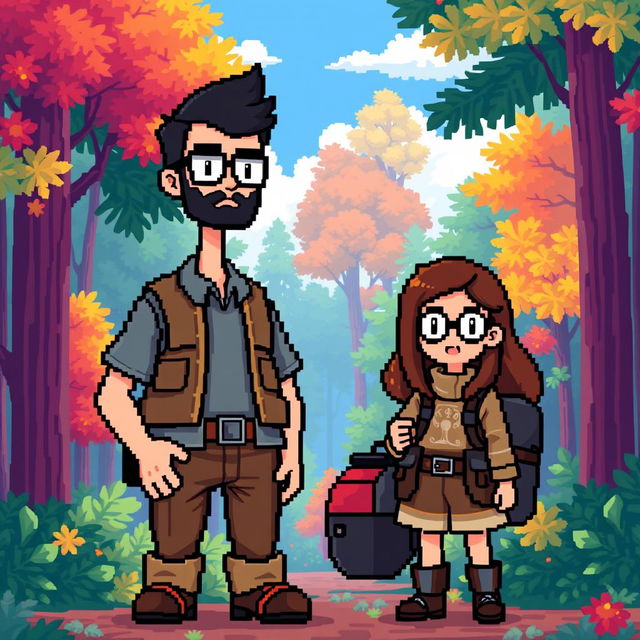 A full-body pixel art representation in 8-bit style of a tall male character with a short beard and mustache, short black hair, and rectangular glasses, along with a short female character with long brown hair and round glasses