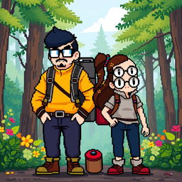A full-body pixel art representation in 8-bit style of a tall male character with a short beard and mustache, short black hair, and rectangular glasses, along with a short female character with long brown hair and round glasses