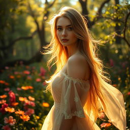 A breathtakingly beautiful woman with radiant skin, flowing long hair and captivating eyes, standing in a sunlit, enchanted forest filled with vibrant flowers and lush greenery