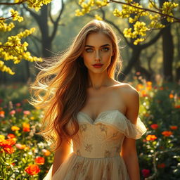 A breathtakingly beautiful woman with radiant skin, flowing long hair and captivating eyes, standing in a sunlit, enchanted forest filled with vibrant flowers and lush greenery
