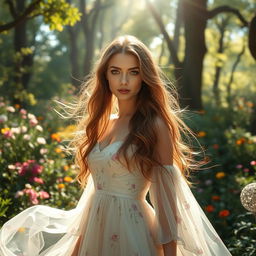 A breathtakingly beautiful woman with radiant skin, flowing long hair and captivating eyes, standing in a sunlit, enchanted forest filled with vibrant flowers and lush greenery