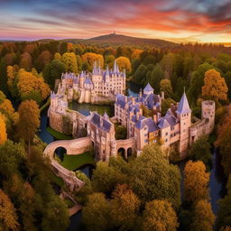 Extravagant medieval castle at sunrise, with a moat and draw bridge, nestled in a lush forest with trees soaked in gold and crimson light, the sky painted in hues of warm oranges and purples