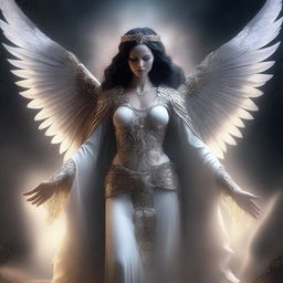 This is a high-quality digital art image, portraying the female Angel of Death as a goddess