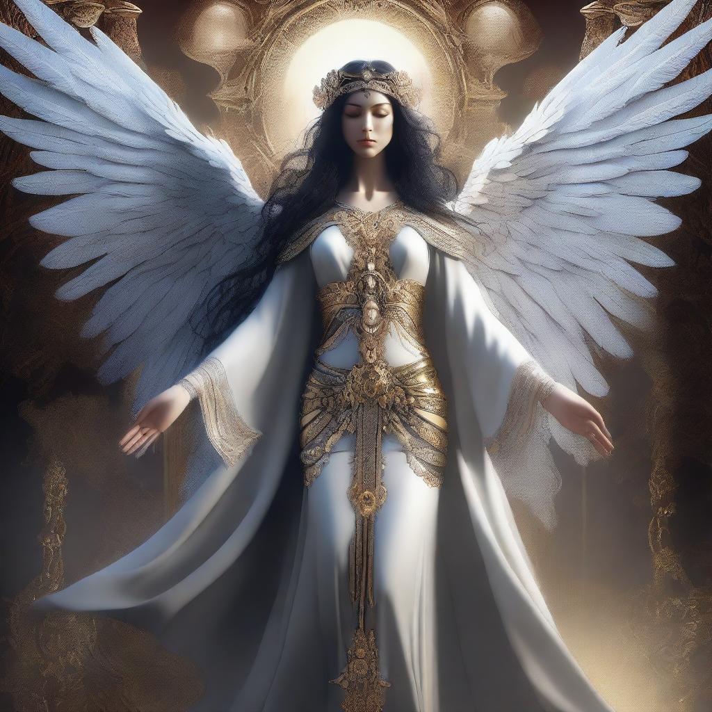 This is a high-quality digital art image, portraying the female Angel of Death as a goddess