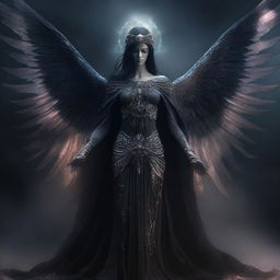 This is a high-quality digital art image, portraying the female Angel of Death reimagined as a dark goddess