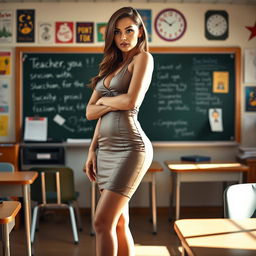 A sexy teacher in a stylish classroom, with an alluring face, long legs, and prominent figure showcases confidence and charm