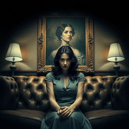A stylish movie poster featuring a woman sitting on a luxurious sofa, her face obscured from view