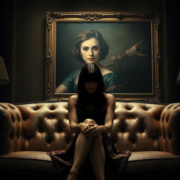 A stylish movie poster featuring a woman sitting on a luxurious sofa, her face obscured from view