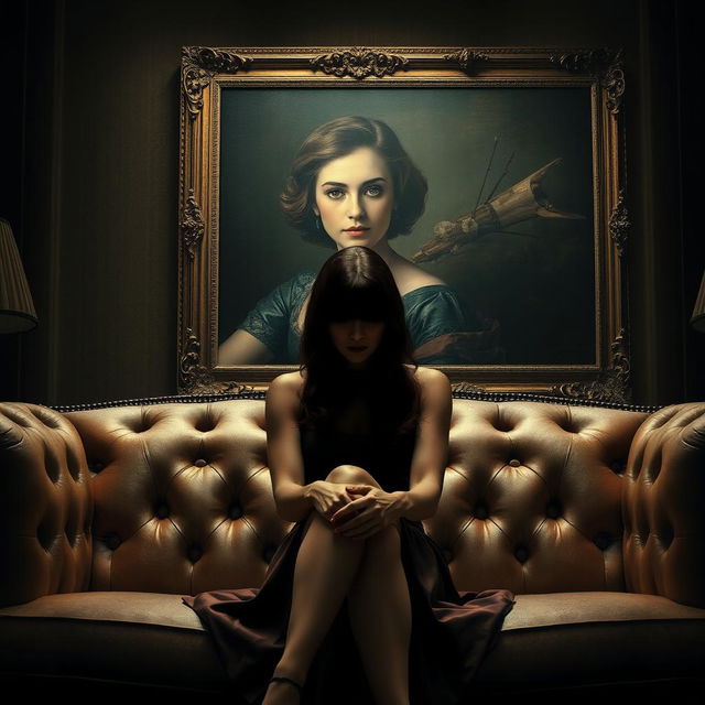 A stylish movie poster featuring a woman sitting on a luxurious sofa, her face obscured from view