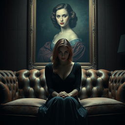 A stylish movie poster featuring a woman sitting on a luxurious sofa, her face obscured from view