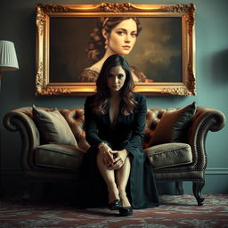 A stylish movie poster featuring a woman sitting on a luxurious sofa, her face obscured from view