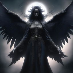 This is a high-quality digital art image, portraying the female Angel of Death reimagined as a dark goddess