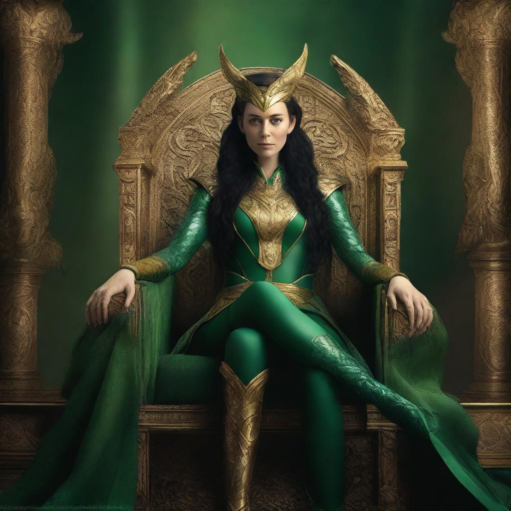 This is a high-quality digital art image, portraying the female version of Loki sitting regally on Asgard's throne