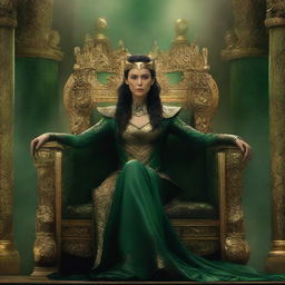 This is a high-quality digital art image, portraying the female version of Loki sitting regally on Asgard's throne