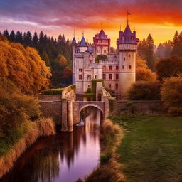 Extravagant medieval castle at sunrise, with a moat and draw bridge, nestled in a lush forest with trees soaked in gold and crimson light, the sky painted in hues of warm oranges and purples