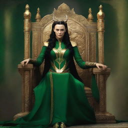 This is a high-quality digital art image, portraying the female version of Loki sitting regally on Asgard's throne