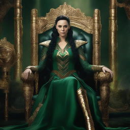 This is a high-quality digital art image, portraying the female version of Loki sitting regally on Asgard's throne