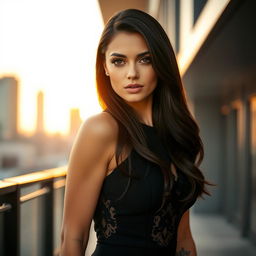 An elegant woman with luxurious long dark hair cascading down her shoulders, dressed in a stylish black dress with intricate lace details