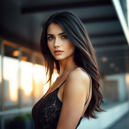 An elegant woman with luxurious long dark hair cascading down her shoulders, dressed in a stylish black dress with intricate lace details