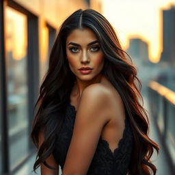 An elegant woman with luxurious long dark hair cascading down her shoulders, dressed in a stylish black dress with intricate lace details