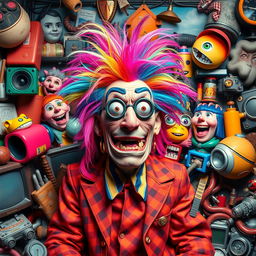 A vibrant and chaotic scene inspired by the outrageous style of Filthy Frank, featuring a bizarre character with colorful hair and eccentric clothing, surrounded by absurd props and humorous elements, encapsulating the wild and irreverent spirit of internet culture