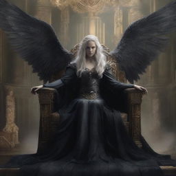 This is a high-quality digital art image, featuring the female version of the Angel of Death sitting regally on Asgard's throne