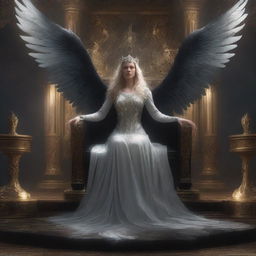 This is a high-quality digital art image, featuring the female version of the Angel of Death sitting regally on Asgard's throne