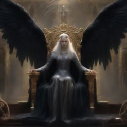 This is a high-quality digital art image, featuring the female version of the Angel of Death sitting regally on Asgard's throne