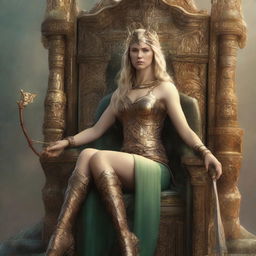 This is a high-quality digital art image, showcasing the female version of the Goddess of Archery seated regally on Asgard's throne