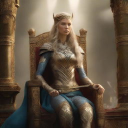 This is a high-quality digital art image, showcasing the female version of the Goddess of Archery seated regally on Asgard's throne