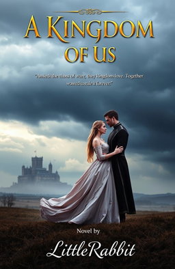 A captivating novel cover for 'A Kingdom of Us', featuring two lovers standing united on a battlefield under a stormy sky, with faint silhouettes of a castle in the background