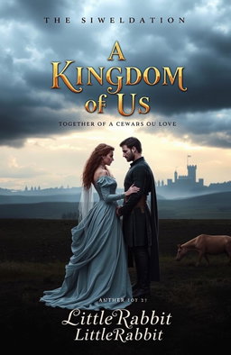 A captivating novel cover for 'A Kingdom of Us', featuring two lovers standing united on a battlefield under a stormy sky, with faint silhouettes of a castle in the background