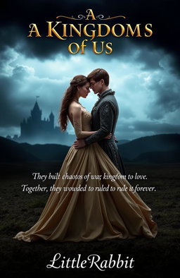 A captivating novel cover for 'A Kingdom of Us', featuring two lovers standing united on a battlefield under a stormy sky, with faint silhouettes of a castle in the background