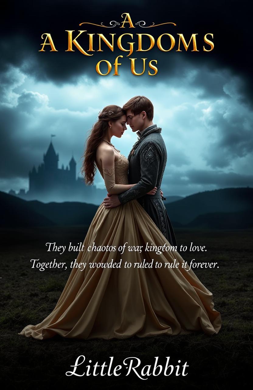 A captivating novel cover for 'A Kingdom of Us', featuring two lovers standing united on a battlefield under a stormy sky, with faint silhouettes of a castle in the background