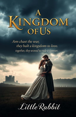 A captivating novel cover for 'A Kingdom of Us', featuring two lovers standing united on a battlefield under a stormy sky, with faint silhouettes of a castle in the background