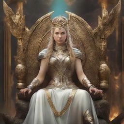 This is a high-quality digital art image, showcasing the female version of the Goddess of Archery seated regally on Asgard's throne