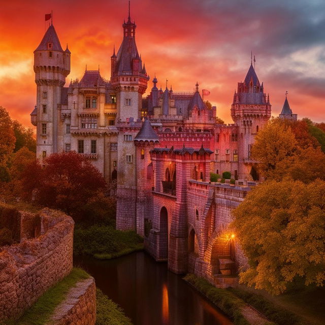 Extravagant medieval castle at sunrise, with a moat and draw bridge, nestled in a lush forest with trees soaked in gold and crimson light, the sky painted in hues of warm oranges and purples